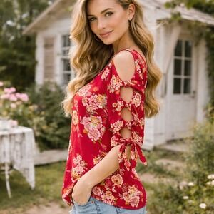 VTG IZ Byer Red Floral‎ Cold Shoulder Tie Sleeve Y2K Cottage Top Medium romantic